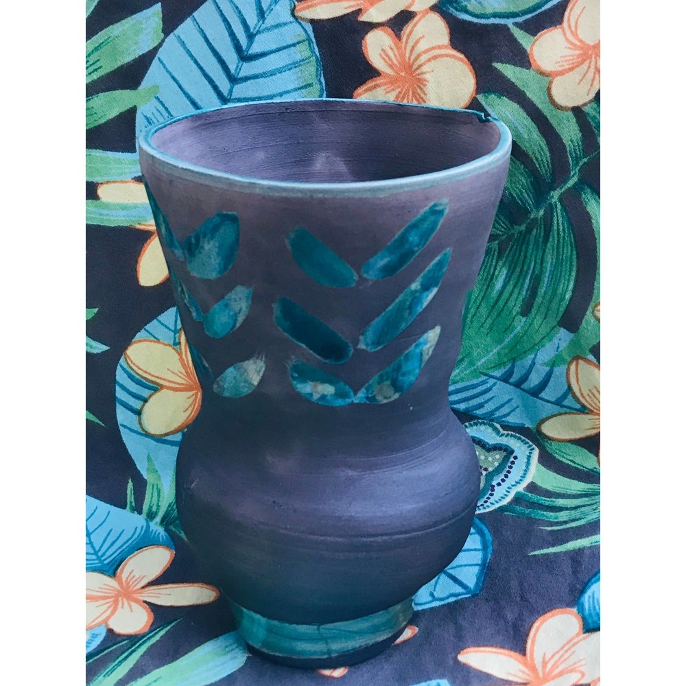 Raku Pottery Vase with Green Leaves on dark charcoal gray